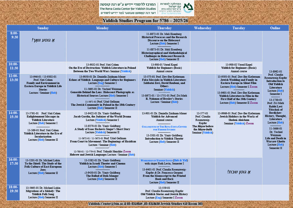 Yiddish Studies Program for 5786 – 2025-2026